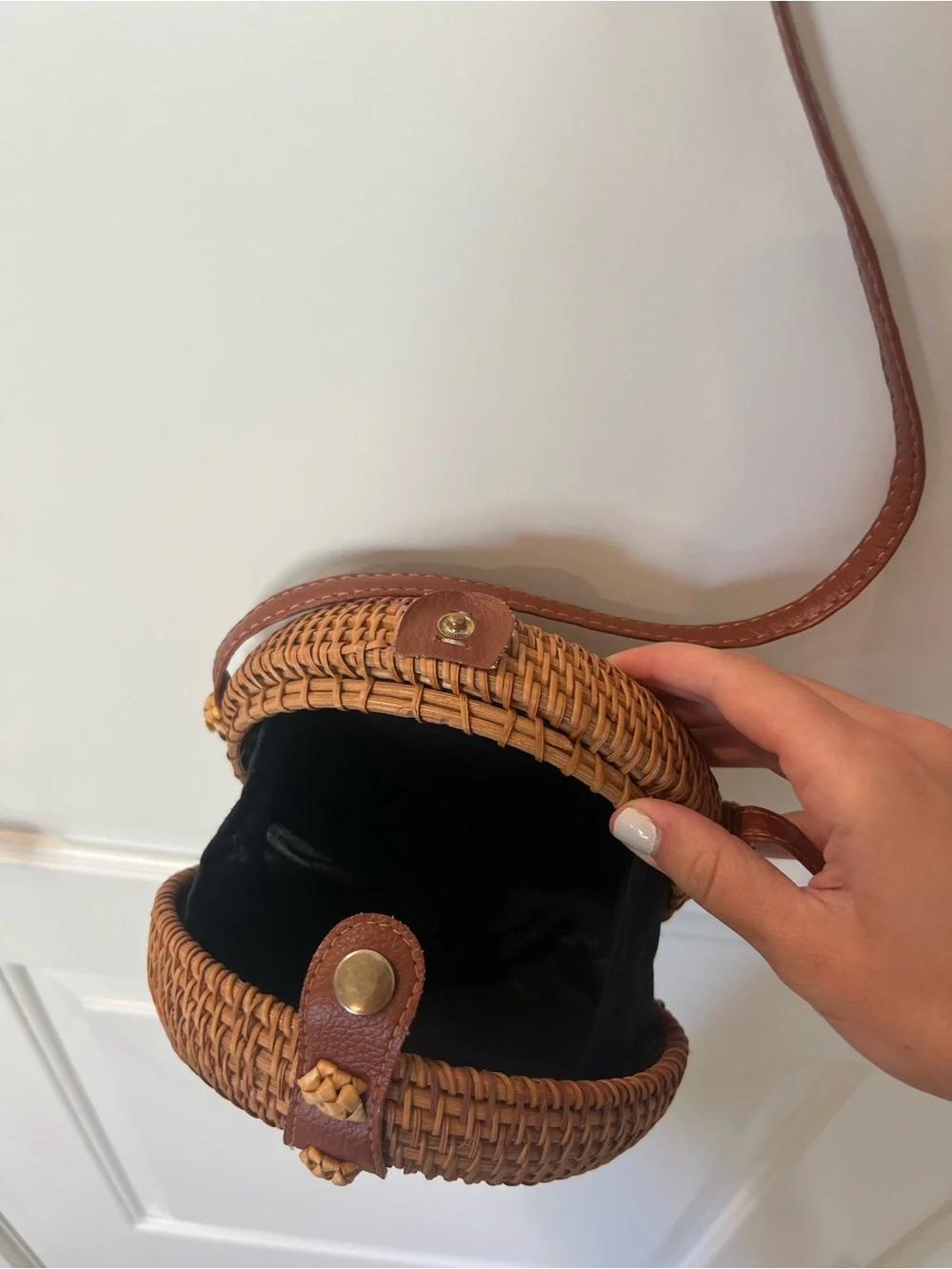 Round Rattan Woven Crossbody Bag in Brown